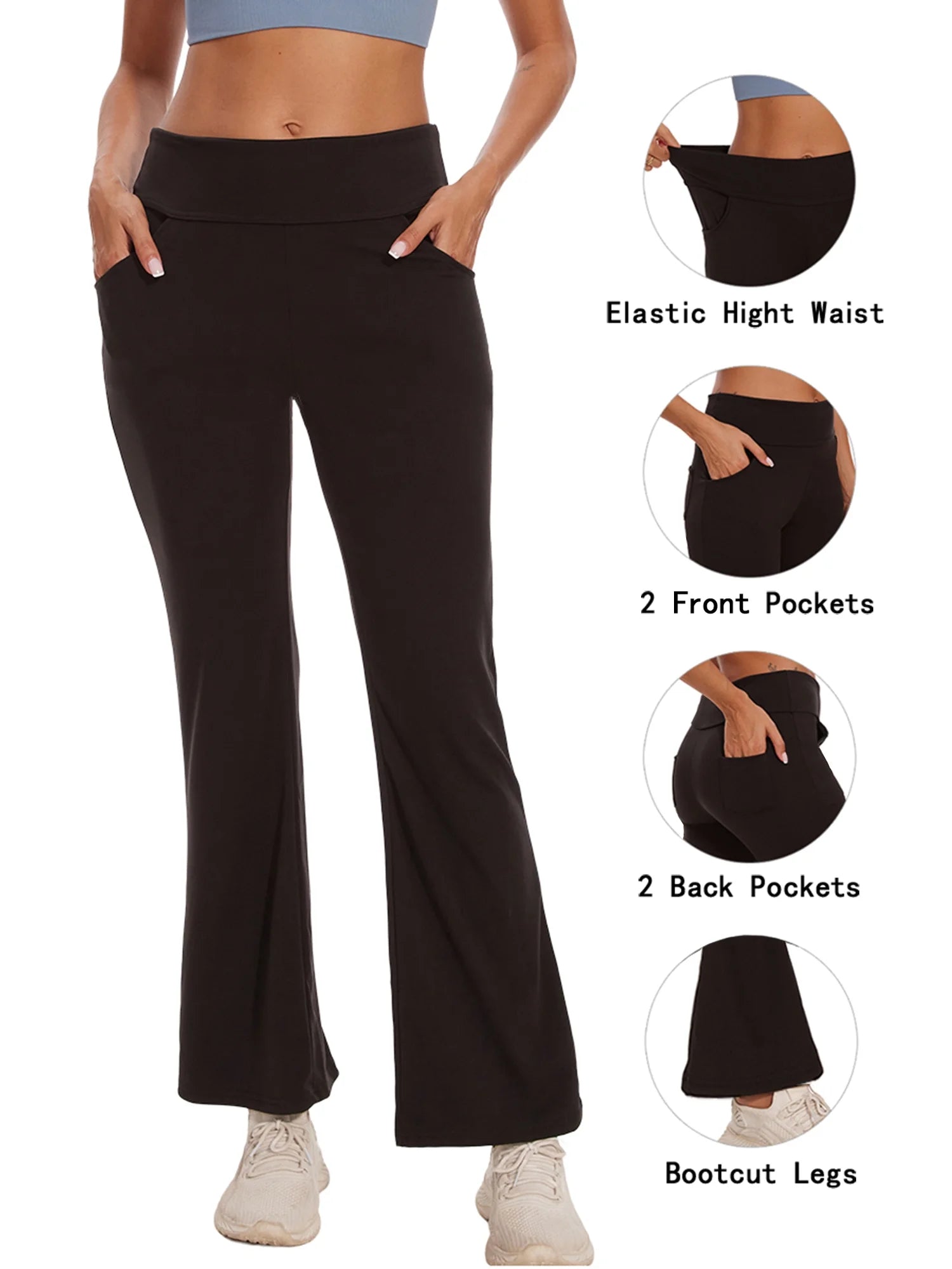 Womens Bootcut Yoga Pants Flare Legging with Pockets High Waist Lightweight Bottoms Workout Activewear Black M