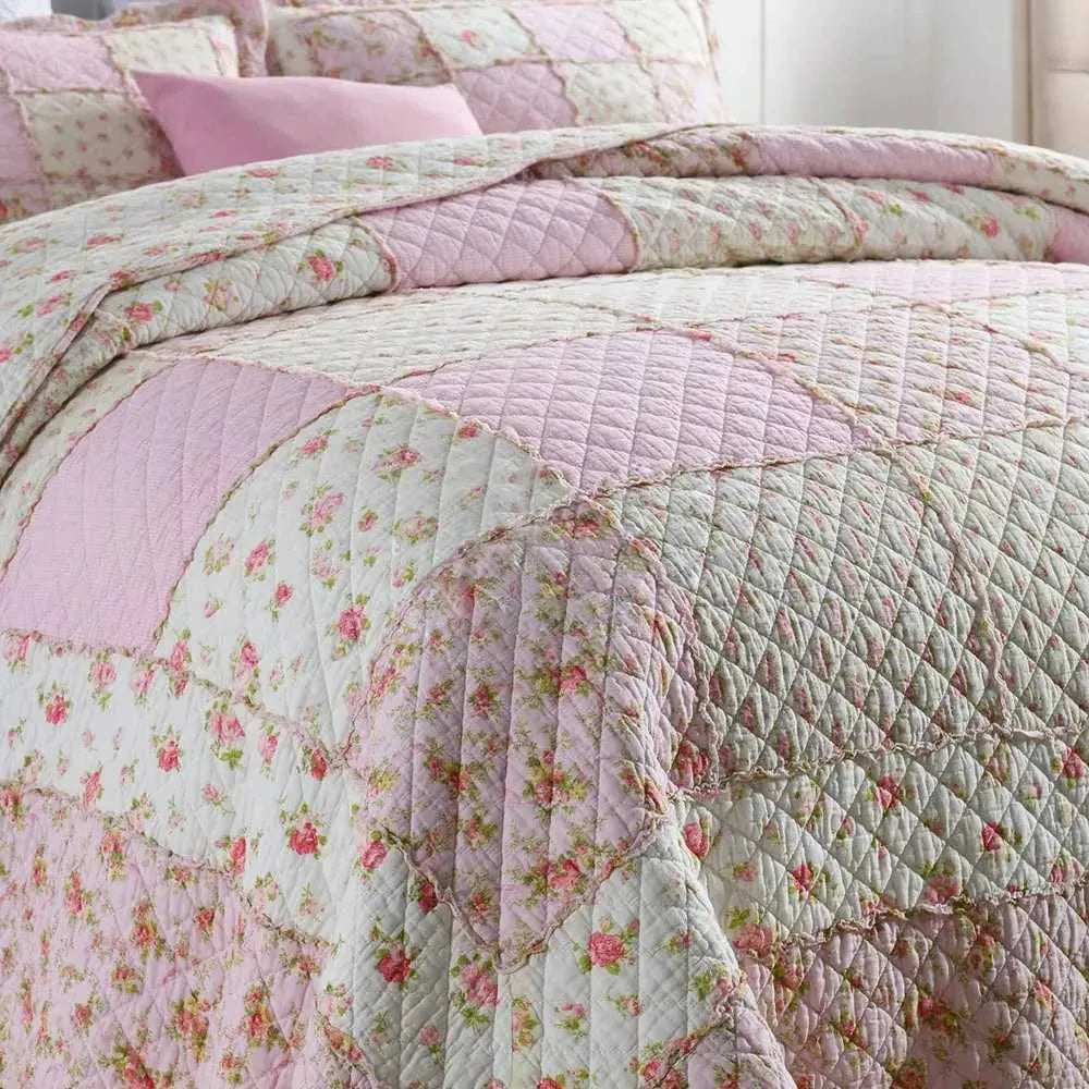 Pink Floral Cotton Quilt Set 3PCS Bedspread on the Bed Patchwork Comforter Set Queen Size Coverlet Summer Blanket for Bedxj250303