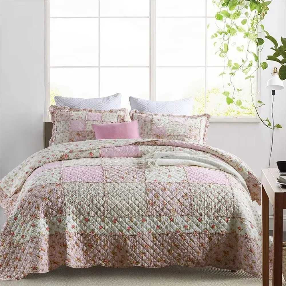 Pink Floral Cotton Quilt Set 3PCS Bedspread on the Bed Patchwork Comforter Set Queen Size Coverlet Summer Blanket for Bedxj250303