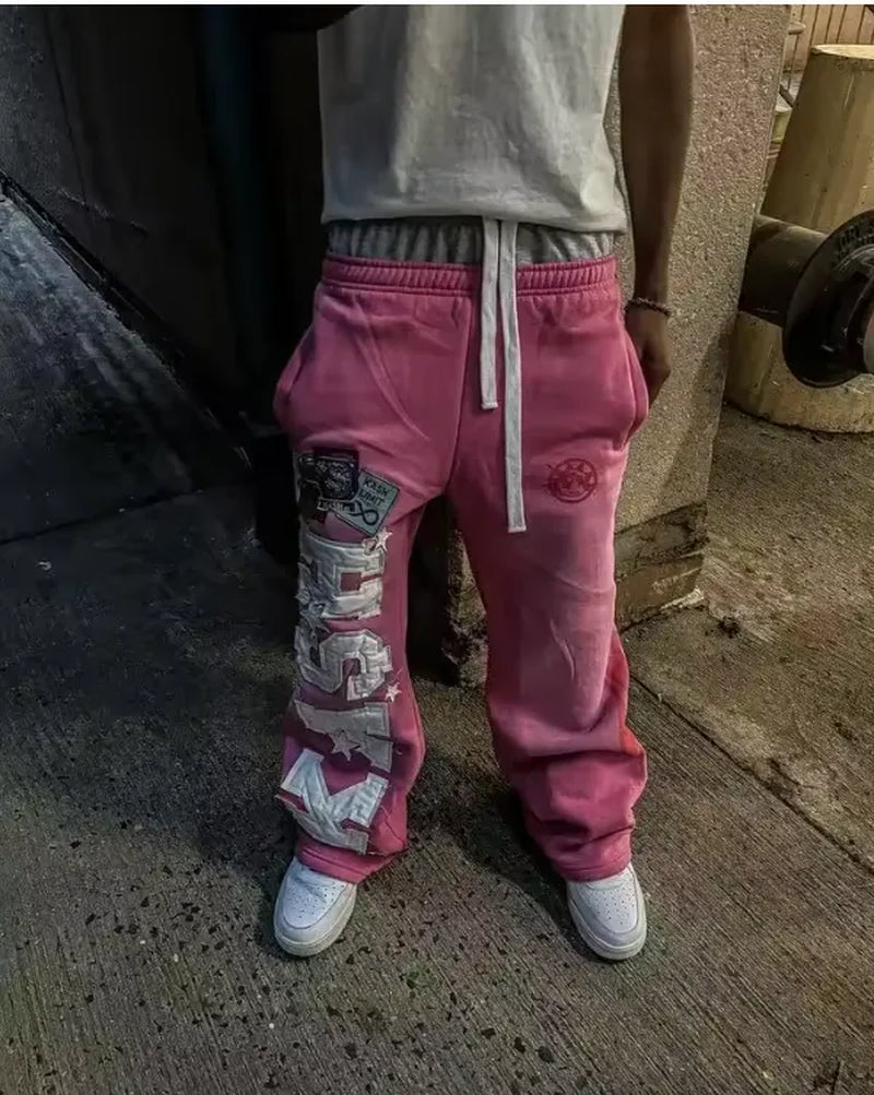 Men'S Pants American Sweatpants Y2K Men Gothic Hip Hop Letter Patch Retro Double Layer Design Baggy Elastic Waist Jogging Casual Hip Hop Sportswear