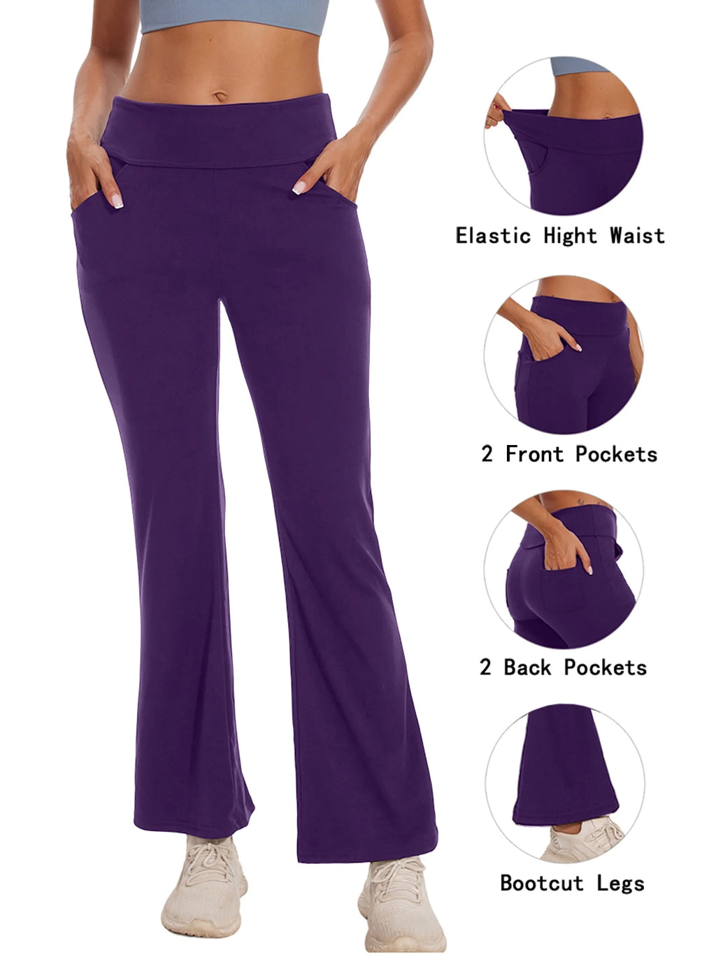 Womens Bootcut Yoga Pants Flare Legging with Pockets High Waist Lightweight Bottoms Workout Activewear Purple L