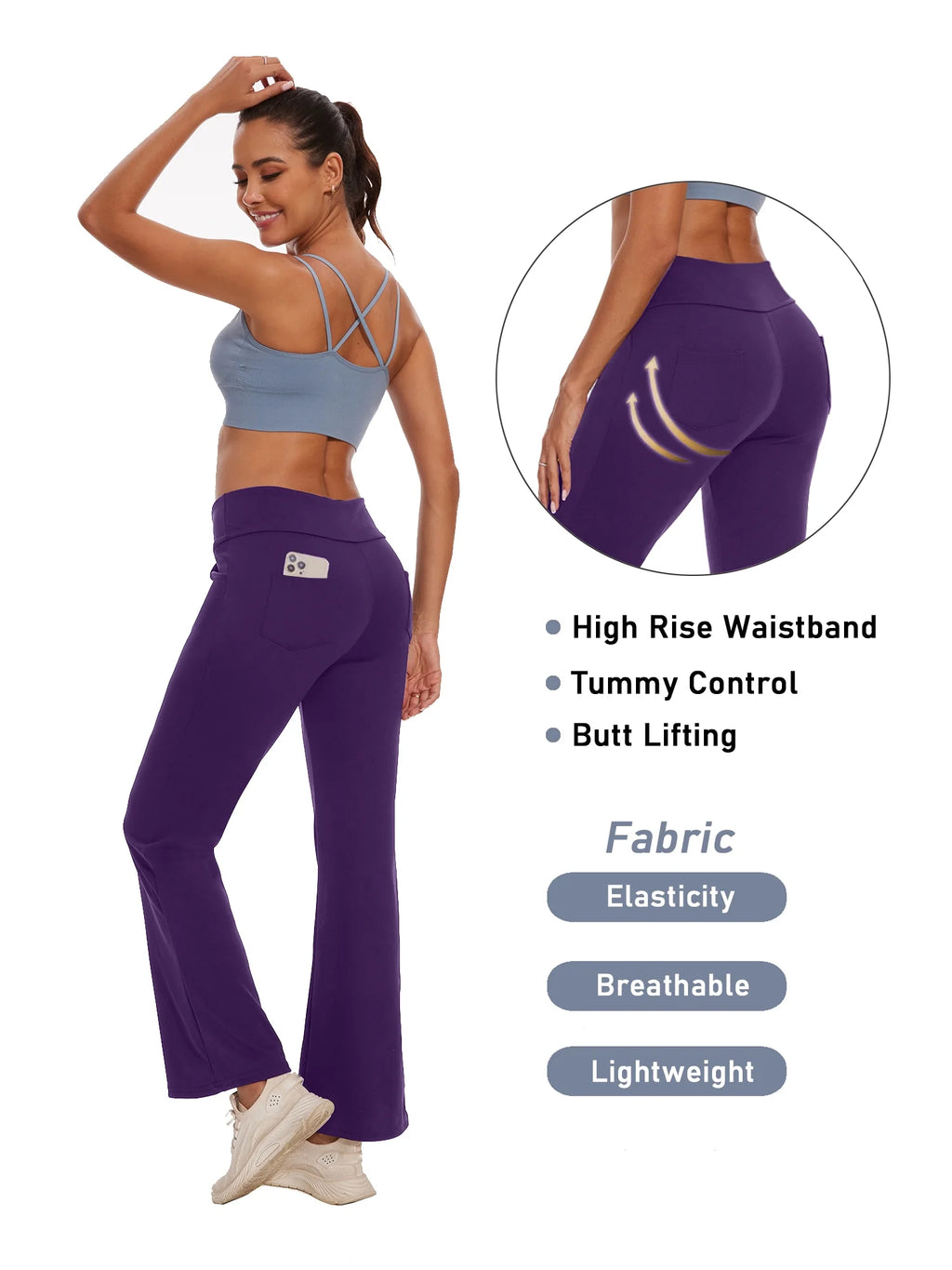 Womens Bootcut Yoga Pants Flare Legging with Pockets High Waist Lightweight Bottoms Workout Activewear Purple L