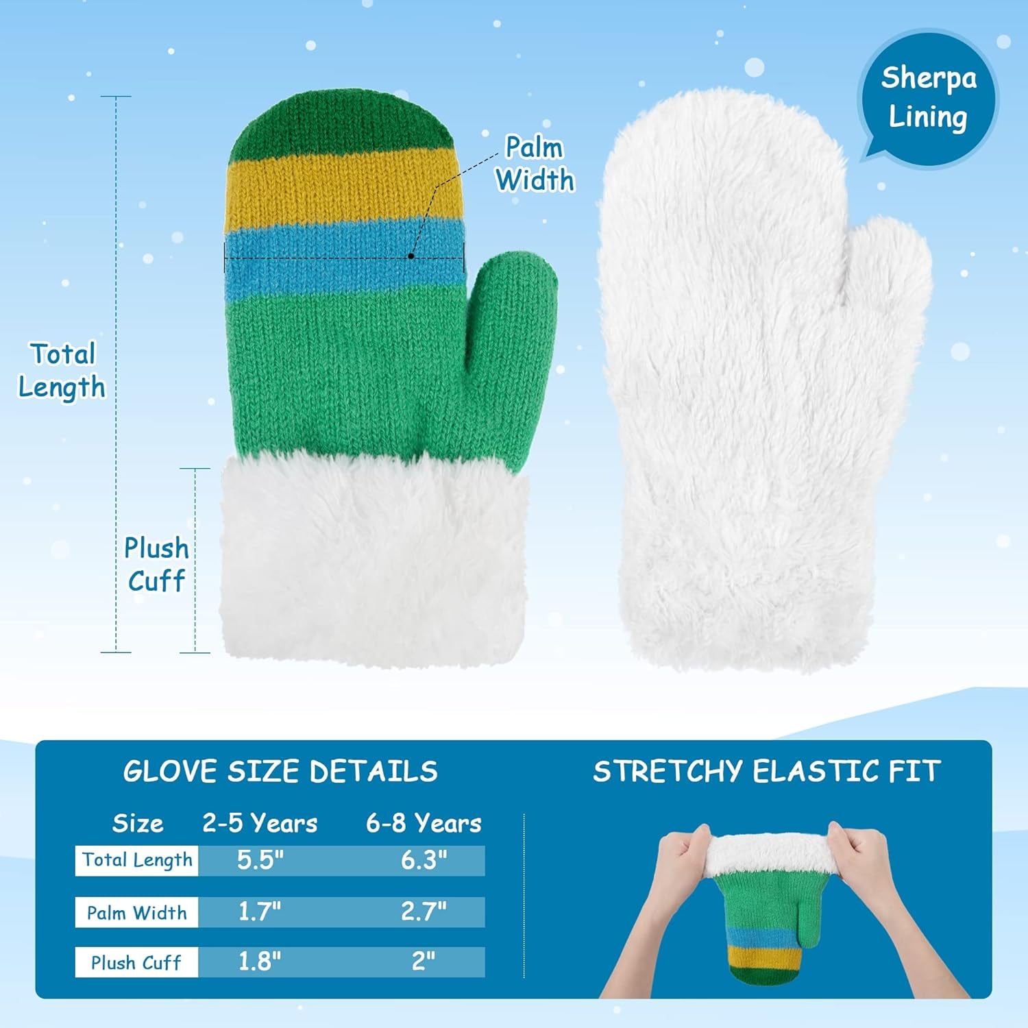 3 Pairs Kids' Sherpa Lined Knit Mittens Boys Girls Winter Gloves