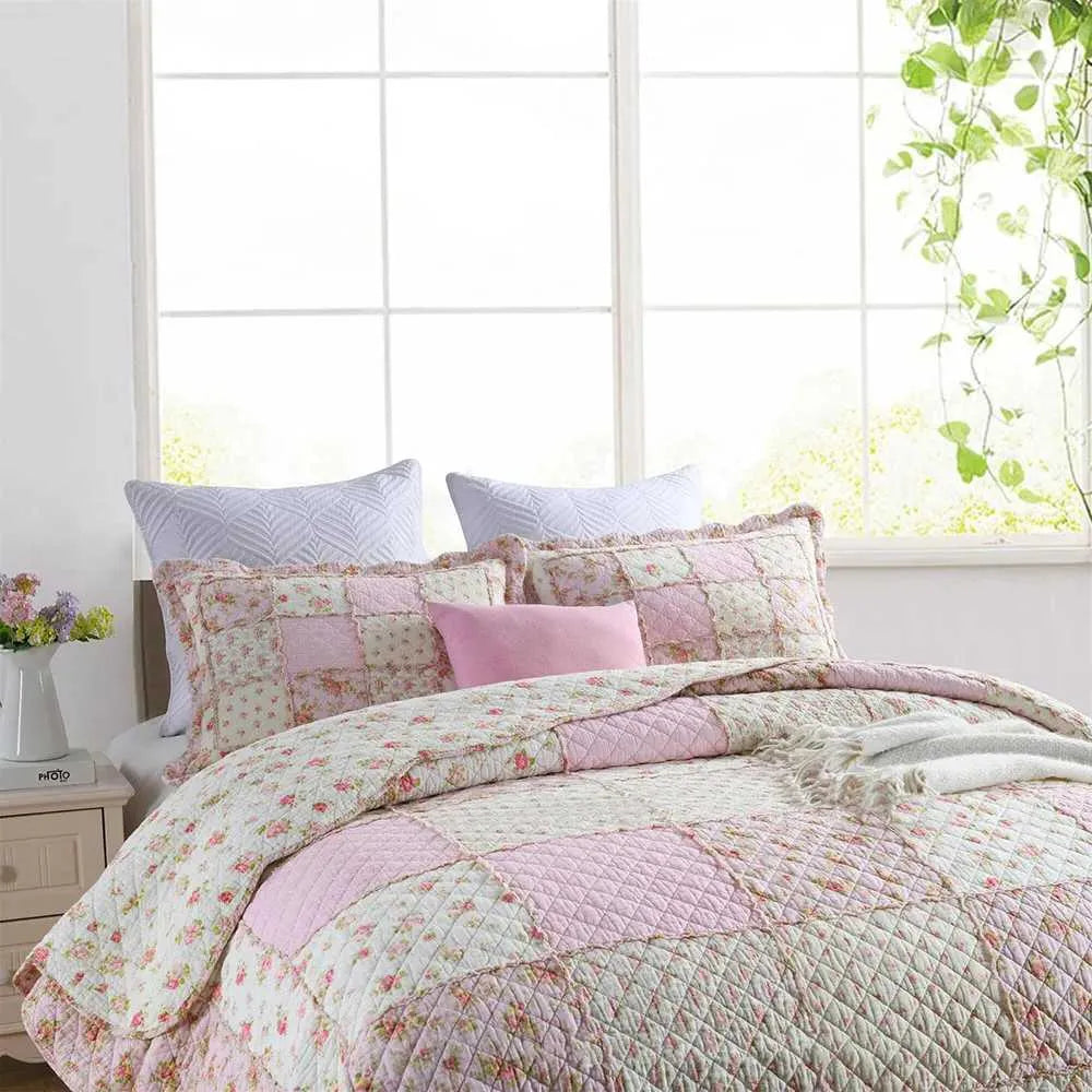 Pink Floral Cotton Quilt Set 3PCS Bedspread on the Bed Patchwork Comforter Set Queen Size Coverlet Summer Blanket for Bedxj250303