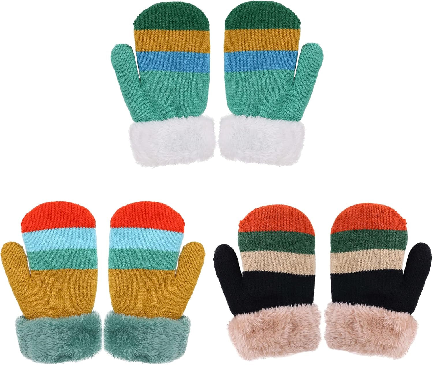 3 Pairs Kids' Sherpa Lined Knit Mittens Boys Girls Winter Gloves