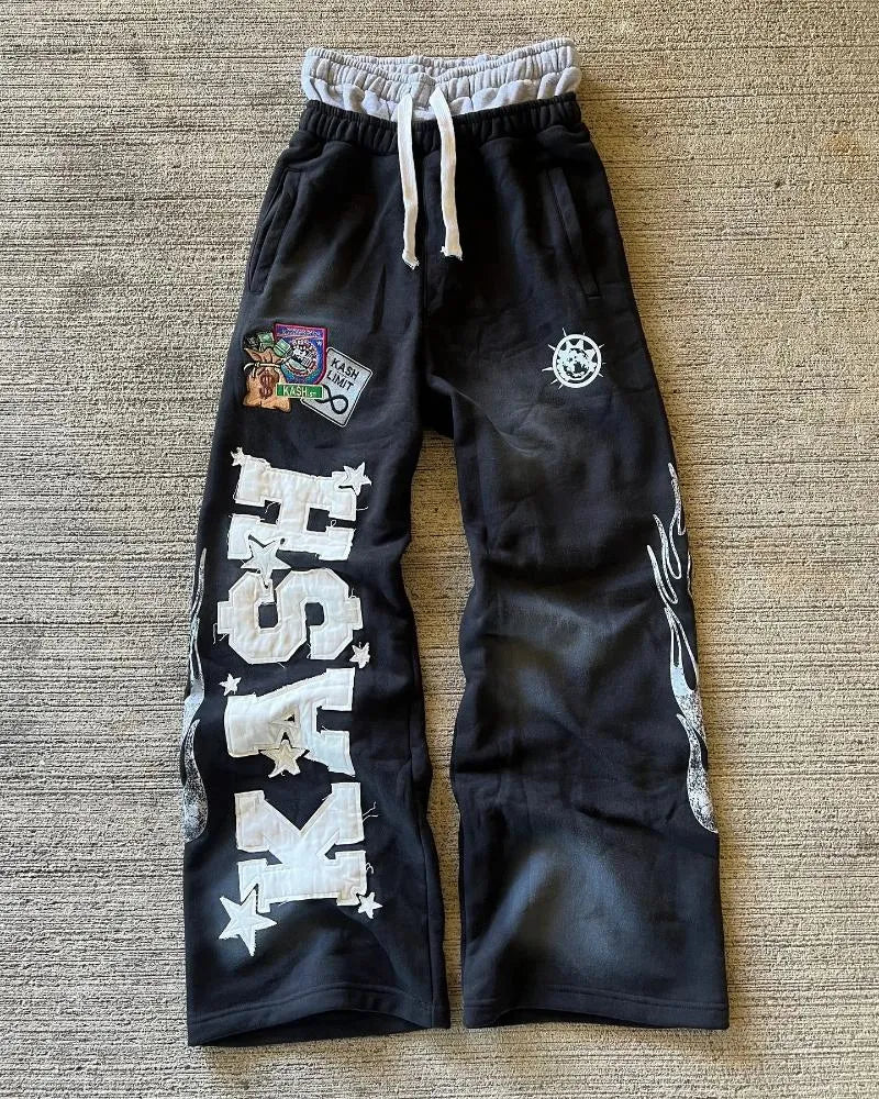 Men'S Pants American Sweatpants Y2K Men Gothic Hip Hop Letter Patch Retro Double Layer Design Baggy Elastic Waist Jogging Casual Hip Hop Sportswear