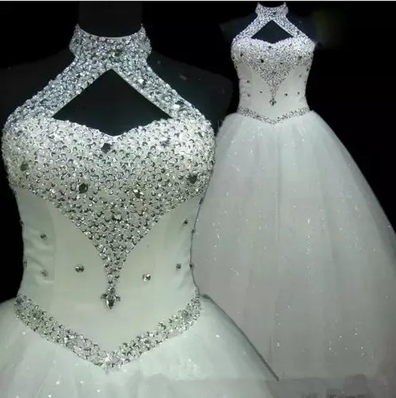 Bridal Gowns Beach Halter Sexy Beading a Line Tulle plus Size Wedding Dresses Long Princess QC1077