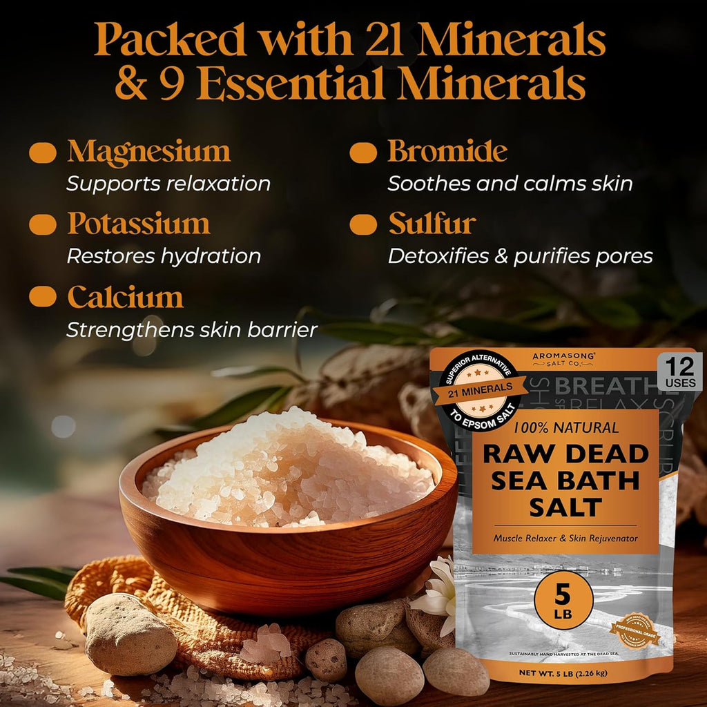 Raw Dead Sea Bath Salt - Minimally Cleaned, Contains More Dead Sea Minerals Including Dead Sea Mud - 100% Pure & Natural Dead Sea Salts for Soaking 5 LB - Bulk Resealable Pack