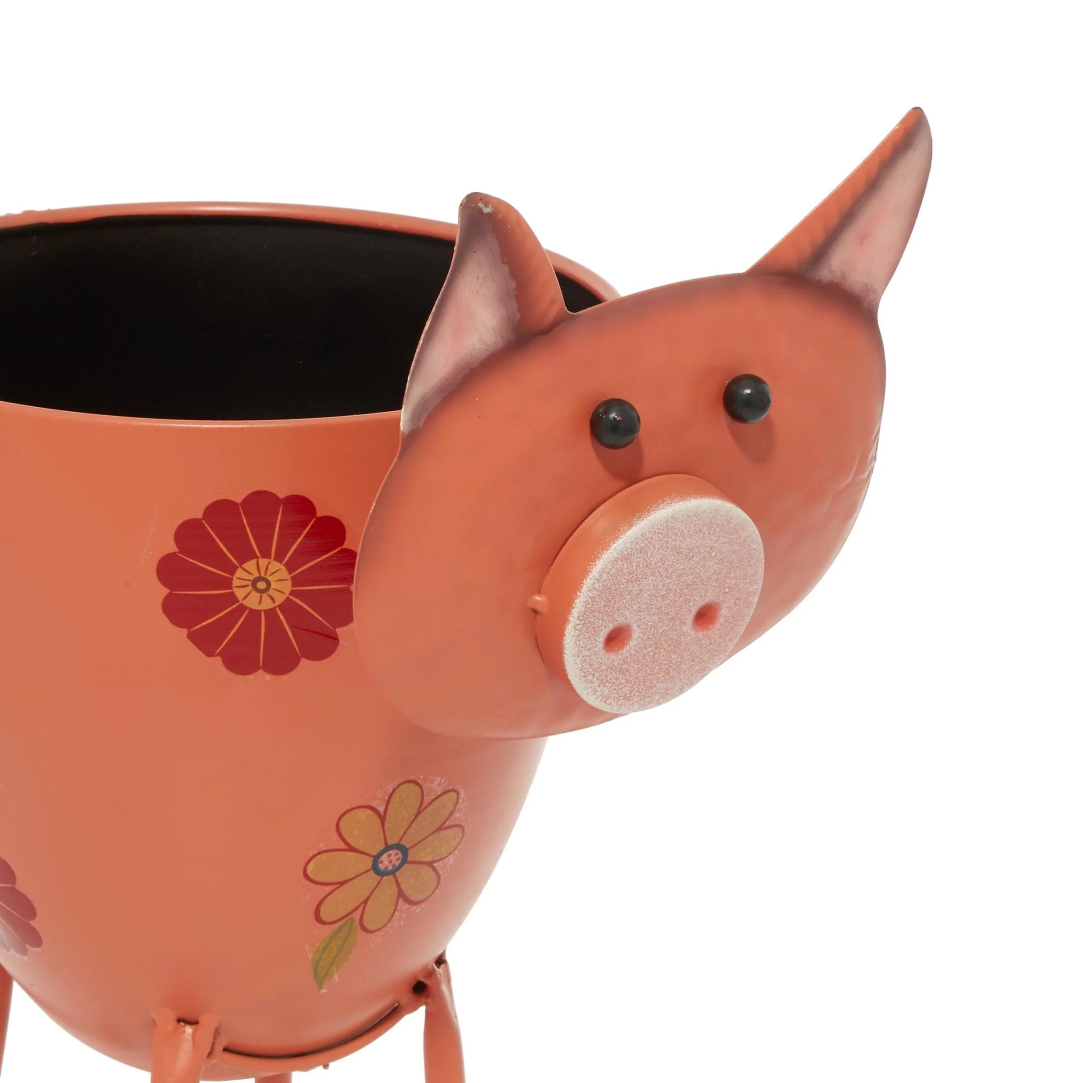 Pink Metal Pig Indoor Outdoor Planter with Floral Accents, 8" X 14" X 16"