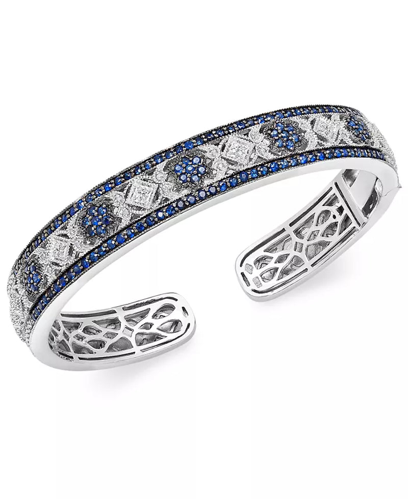 Sapphire (2-3/4 Ct. T.W.) and Diamond (1/10 Ct. T.W.) Cuff Bangle Bracelet in Sterling Silver