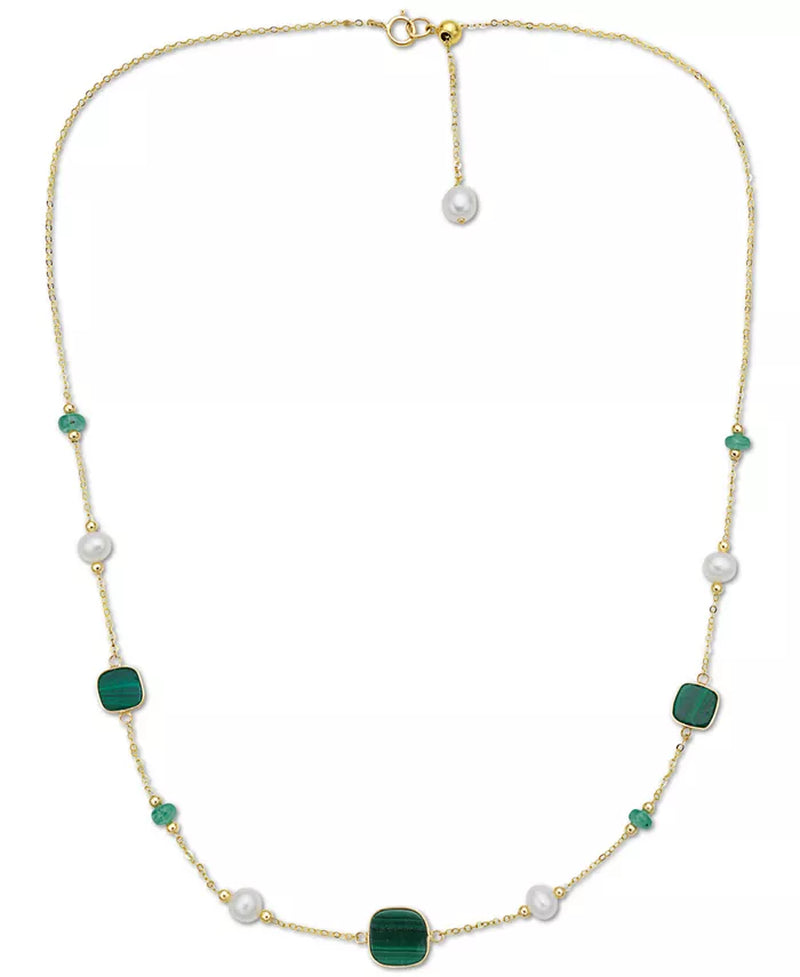 EFFY® Freshwater Pearl (4-1/2Mm), Malachite, & Emerald (1/2 Ct. T.W.) 17" Collar Necklace in 14K Gold