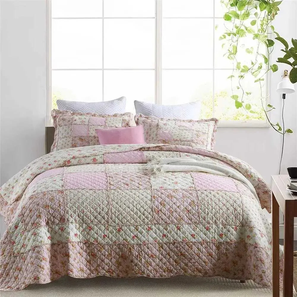 Pink Floral Cotton Quilt Set 3PCS Bedspread on the Bed Patchwork Comforter Set Queen Size Coverlet Summer Blanket for Bedxj250303