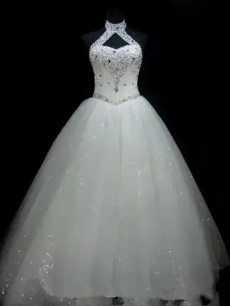 Bridal Gowns Beach Halter Sexy Beading a Line Tulle plus Size Wedding Dresses Long Princess QC1077