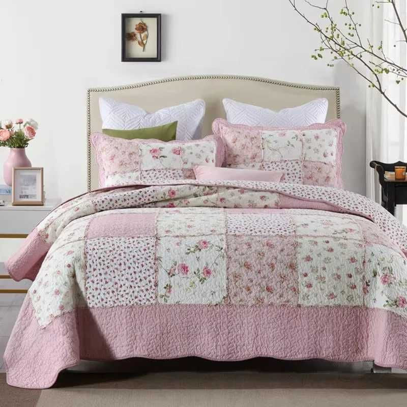 Pink Floral Cotton Quilt Set 3PCS Bedspread on the Bed Patchwork Comforter Set Queen Size Coverlet Summer Blanket for Bedxj250303