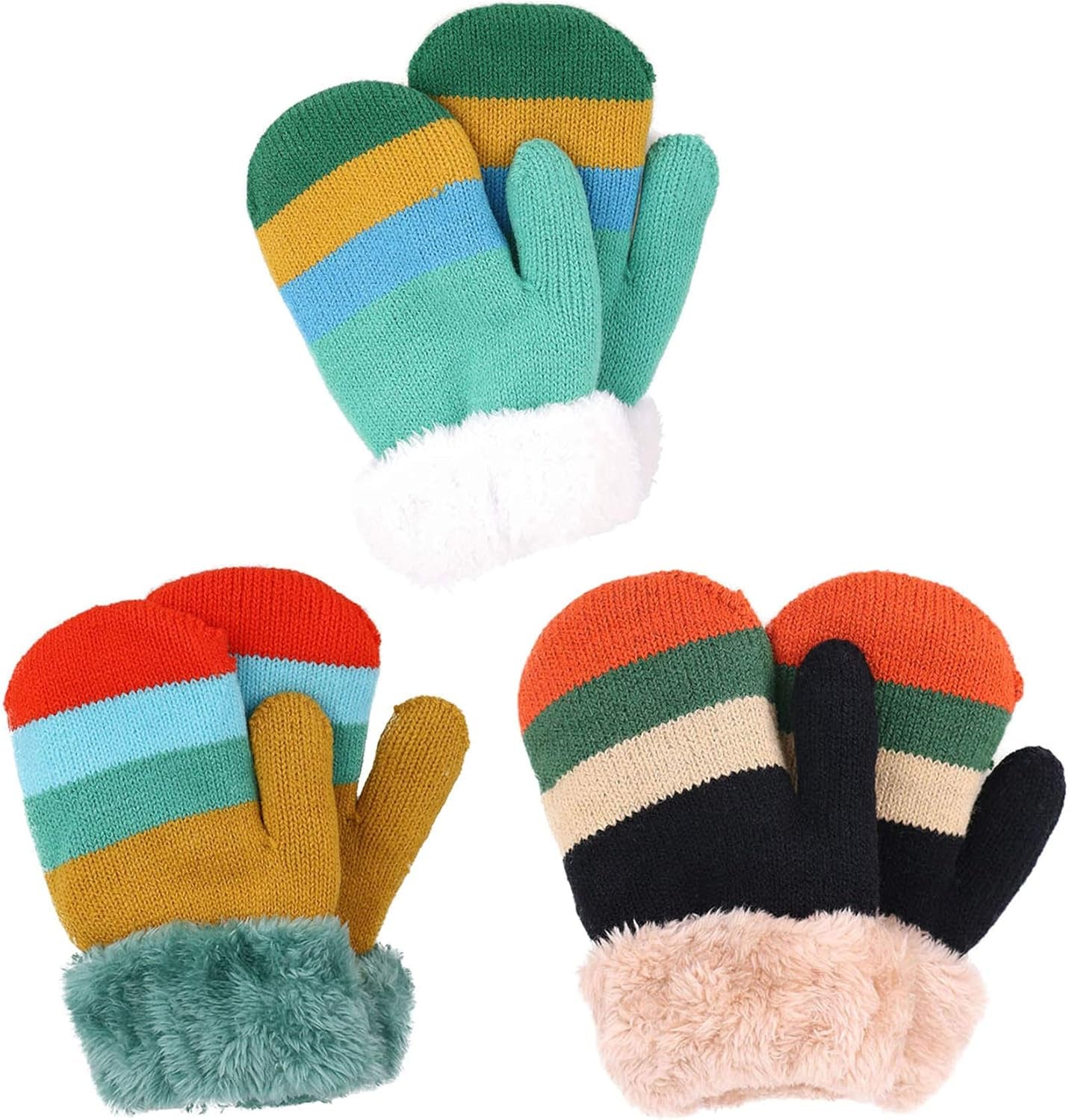3 Pairs Kids' Sherpa Lined Knit Mittens Boys Girls Winter Gloves