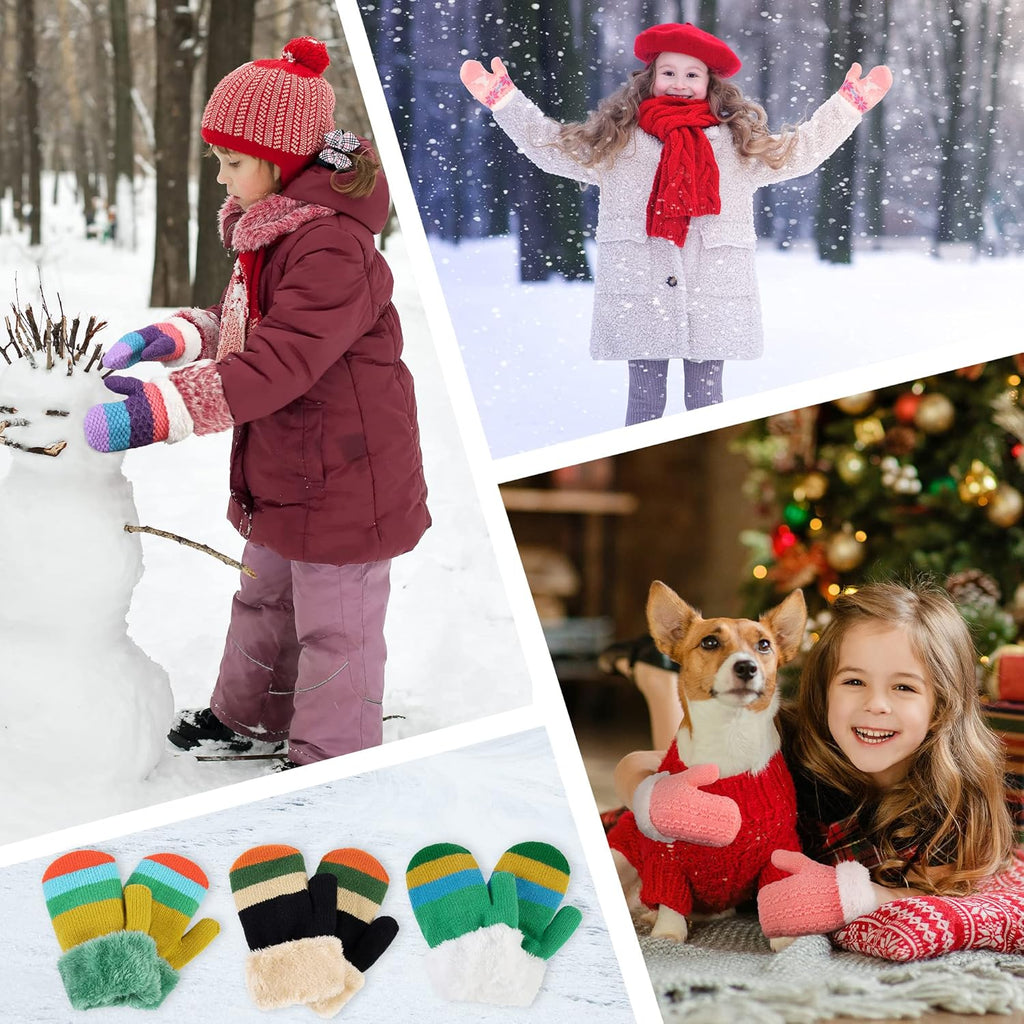 3 Pairs Kids' Sherpa Lined Knit Mittens Boys Girls Winter Gloves