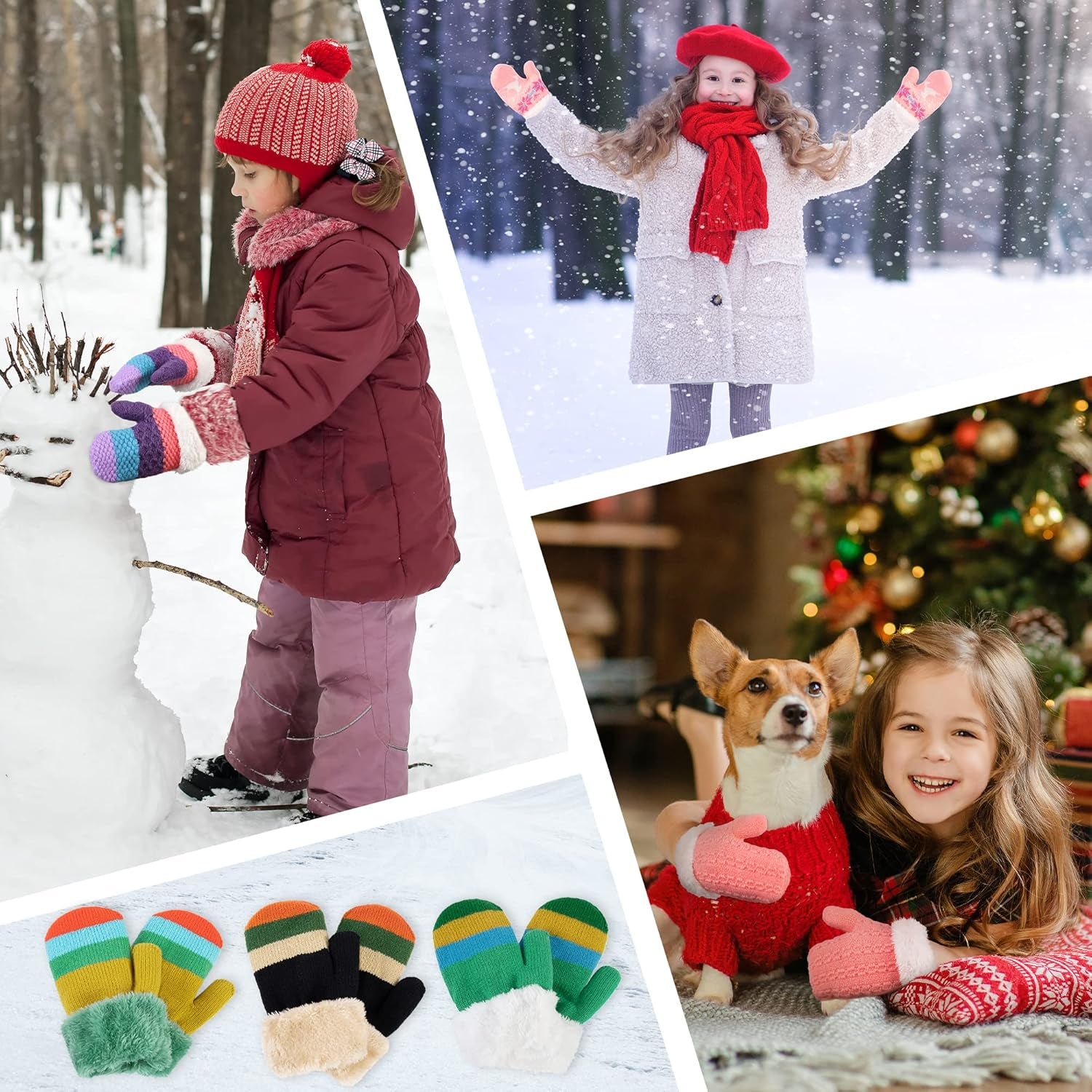 3 Pairs Kids' Sherpa Lined Knit Mittens Boys Girls Winter Gloves