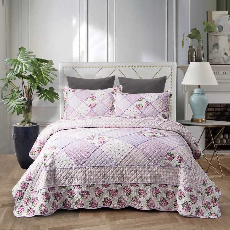 Pink Floral Cotton Quilt Set 3PCS Bedspread on the Bed Patchwork Comforter Set Queen Size Coverlet Summer Blanket for Bedxj250303